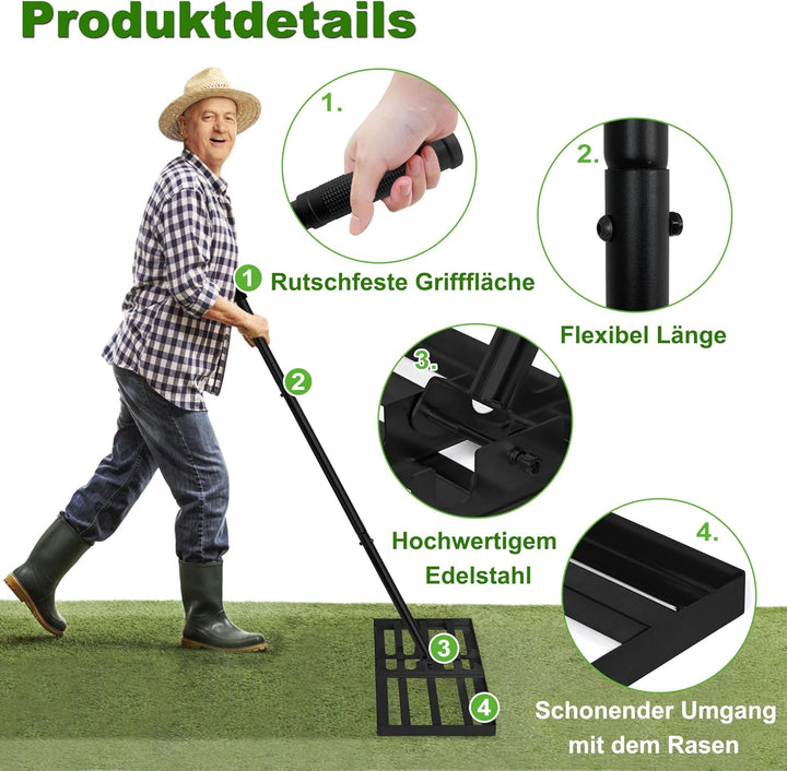 Lawn Leveling Rake Rakel 75x25 cm Schwarz, Verstellbarer Nivellierrechen 95,5–185 cm mit Edelstahl-G