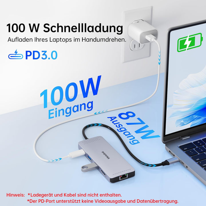 USB C Hub Ethernet, 10 in 1 Dock USB-C Adapter mit 4K 60Hz HDMI, LAN RJ45, PD 100W, 5X USB-A/C Ports