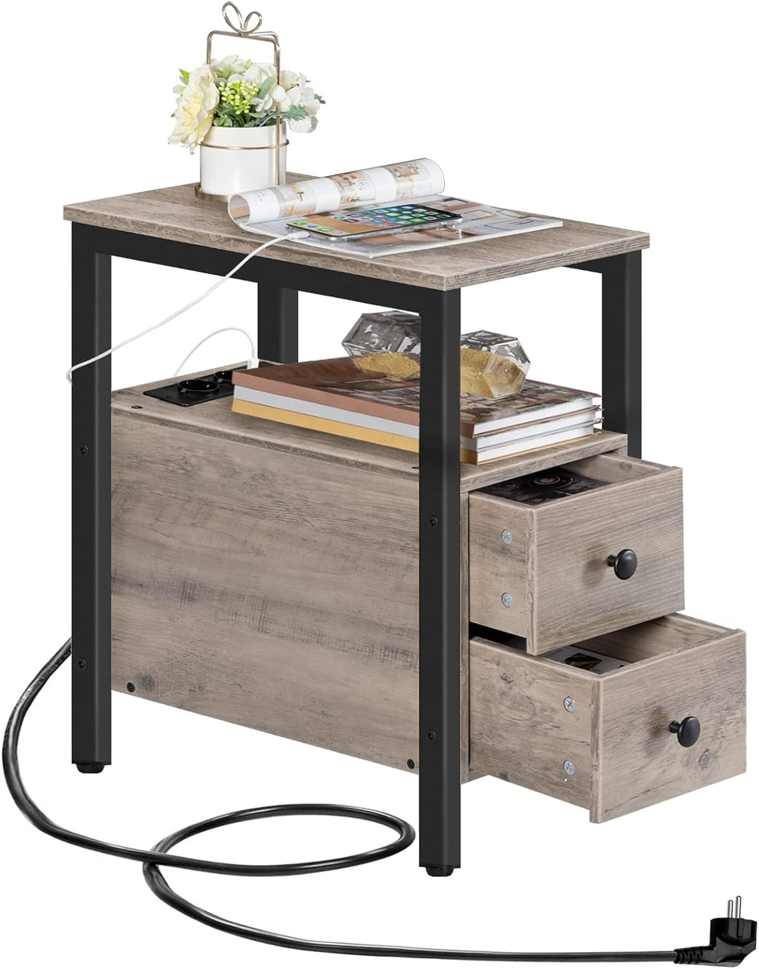 HOOBRO Beistelltisch mit Ladestation, Sofatisch mit 2 Schubladen und USB-Anschluss und Steckdose, Na