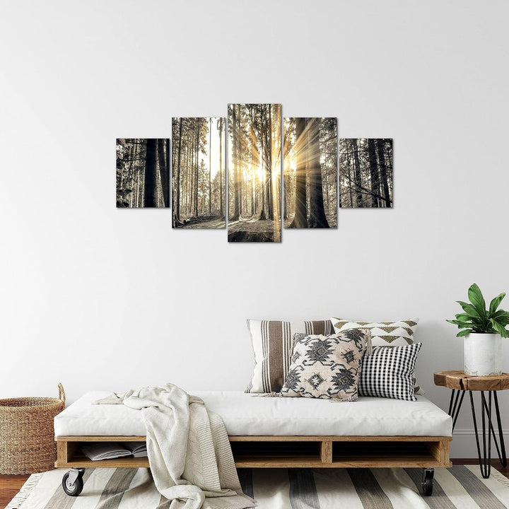 Runa Art Bild Schlafzimmer Wohnzimmer Wald Landschaft 5 Teilig Sonne Grau Braun Wandbilder auf Vlies