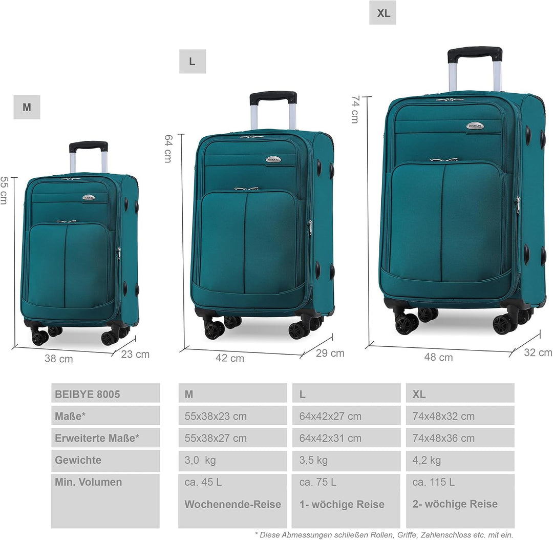 BEIBYE Kofferset Trolley Gepäckset Stoff Dehnungsfuge Koffer Reisekoffer (Türkis)