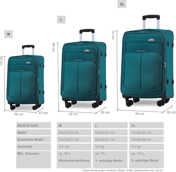 BEIBYE Kofferset Trolley Gepäckset Stoff Dehnungsfuge Koffer Reisekoffer (Türkis)
