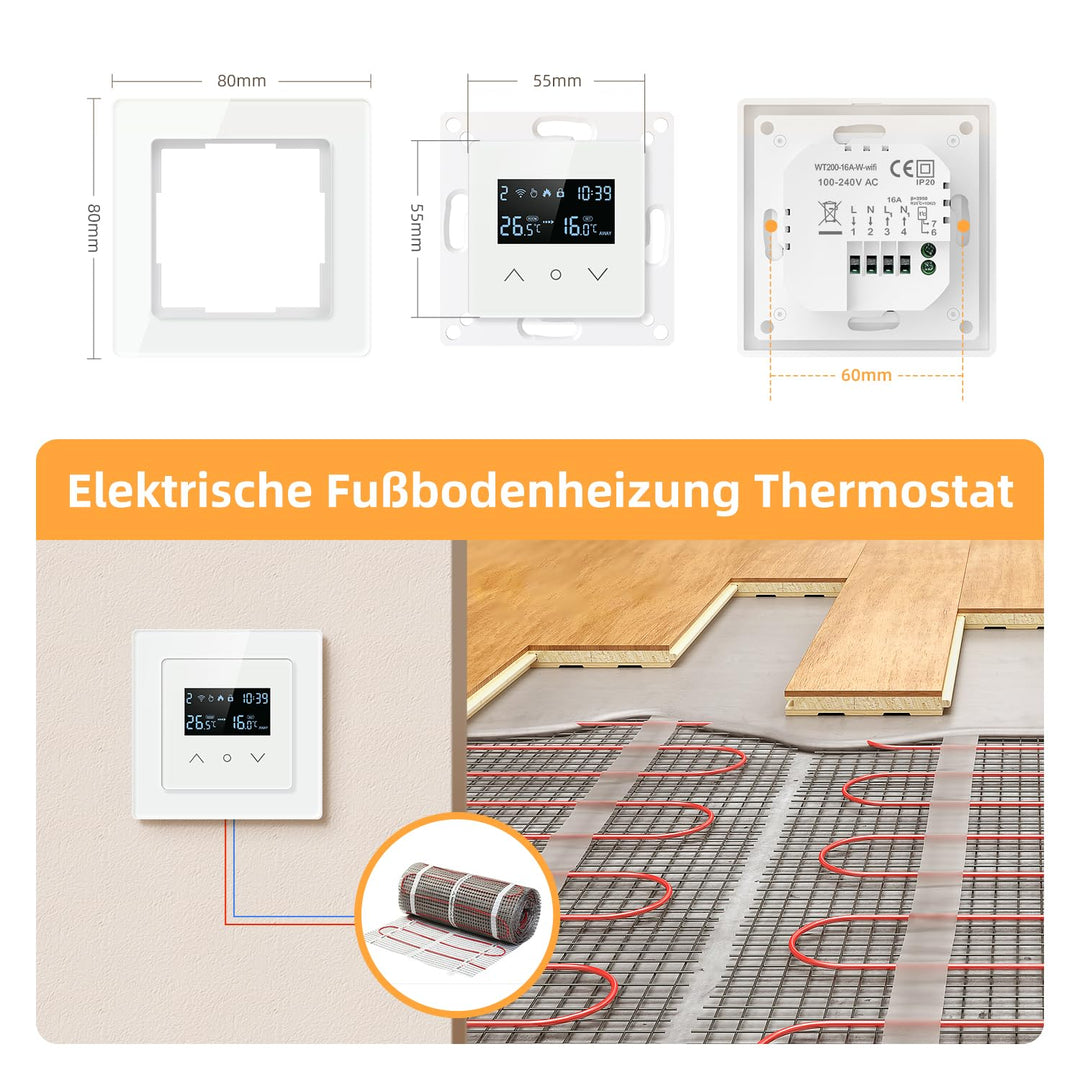 MIUCDA Smart WLAN Thermostat 55x55mm, Elektrische Fussbodenheizung Raumthermostat Digital Heizungsth