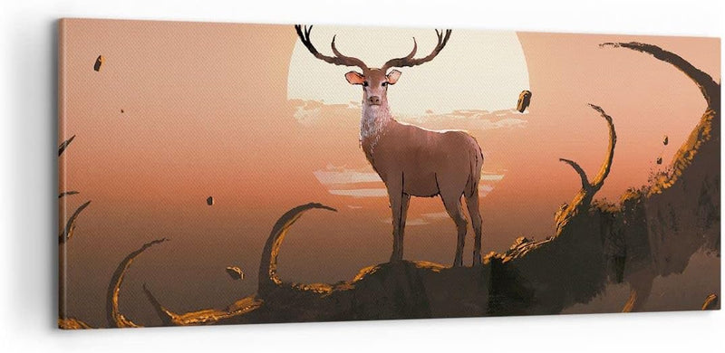 Panorama Bilder auf Leinwand 100x40cm Leinwandbild Hirsch Geweih Hörner Gross Wanddeko Bild Schlafzi