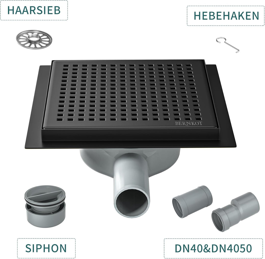 Duschrinne Quadrat 20 * 20cm, 360° Siphon mit Geruchsstop und Haarsieb Edelstahl Ablaufrinne Bodenab