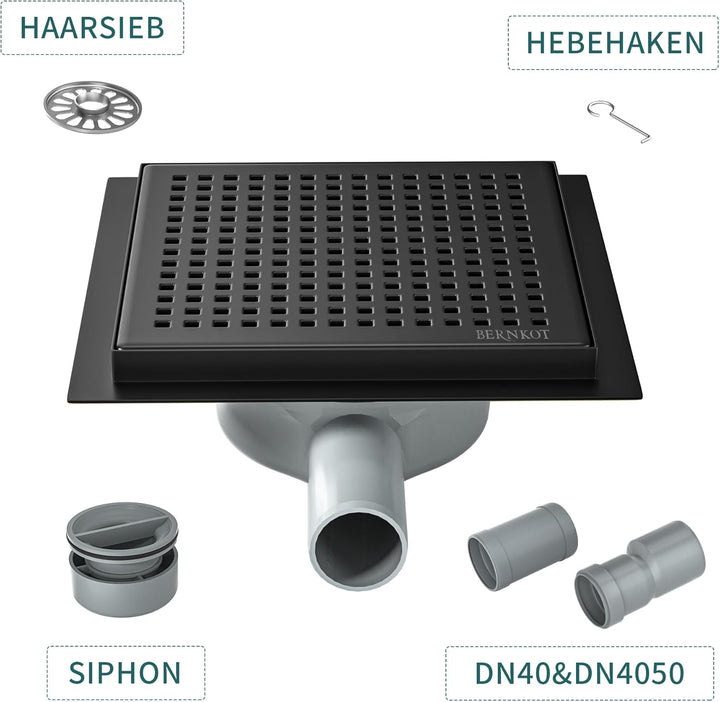 Duschrinne Quadrat 20 * 20cm, 360° Siphon mit Geruchsstop und Haarsieb Edelstahl Ablaufrinne Bodenab