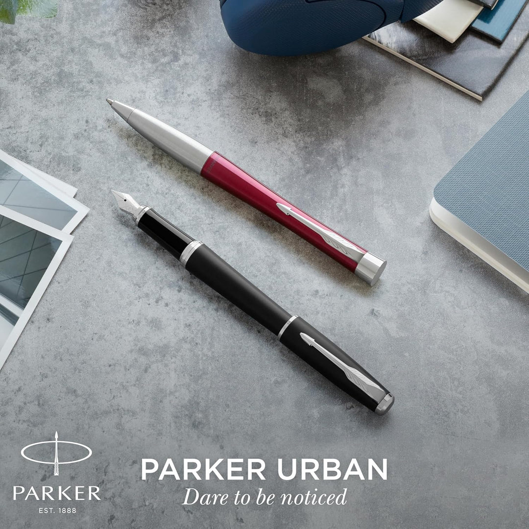 Parker Urban Füller | Metro Metallic | Füllfederhalter mit mittlerer Feder und blauer Tinte | Gesche