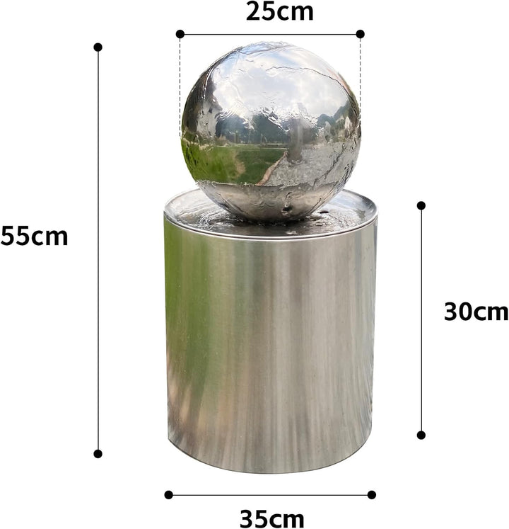 Köhko® Kugelbrunnen Ø25cm mit integrierte LED-Beleuchtung auf zylindrischen Edelstahl Eimer H30cm ho