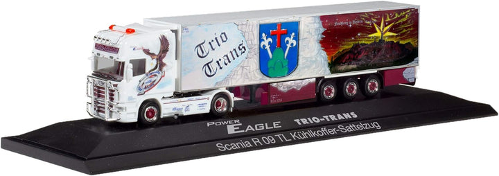 herpa 121965 Scania R TL Kühlkoffer-Sattelzug Trio-Trans Power Eagle (Bayern/Friedberg), Mehrfarbig