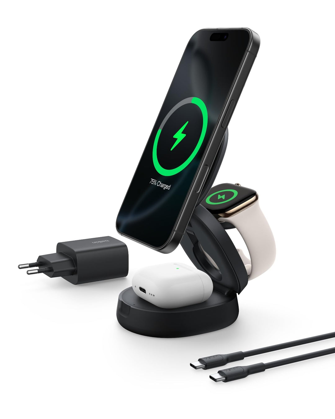 Belkin BoostCharge 3-in-1 Induktive Ladestation mit Qi2, 15W, MagSafe-kompatibles Ladegerät, Kabello