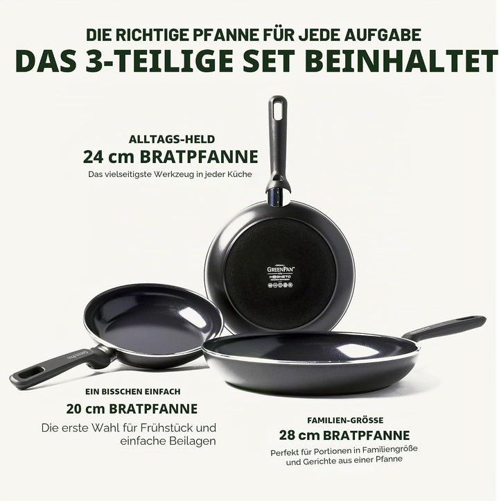 GreenPan Memphis Bratpfannen-Set (20 cm, 24 cm & 28 cm), gesunde keramische Antihaftbeschichtung, PF