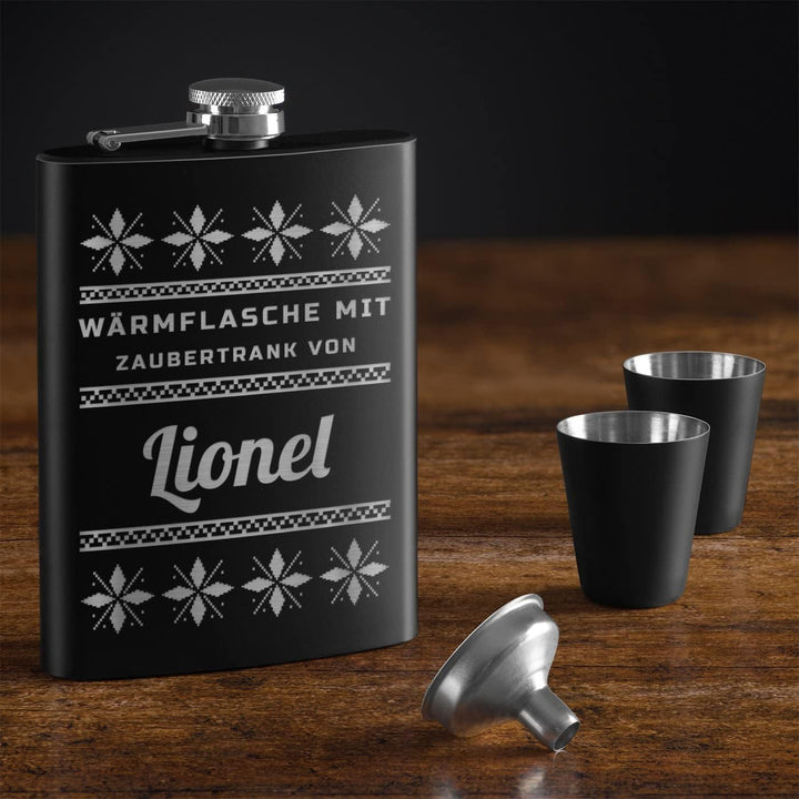 Maverton Flachmann Set 200 ml mit Gravur - Taschenflasche + 4 Schnapsgläsern 20 ml mit Trichter - Br