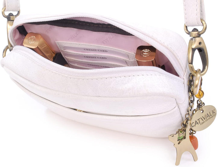 Catwalk Collection Handbags - Leder - Klein Umhängetasche Messenger/Schultertasche - POLLY Weiss, We