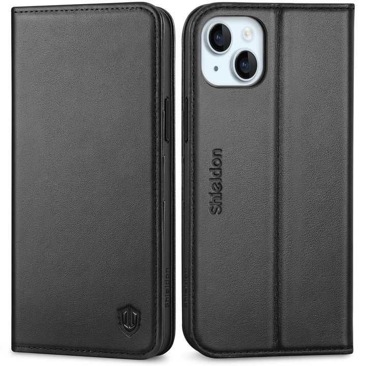 SHIELDON Hülle für iPhone 15 Plus, 5G Handyhülle [Echtleder] [Kartenfach] [Magnet] [Standfunktion] [