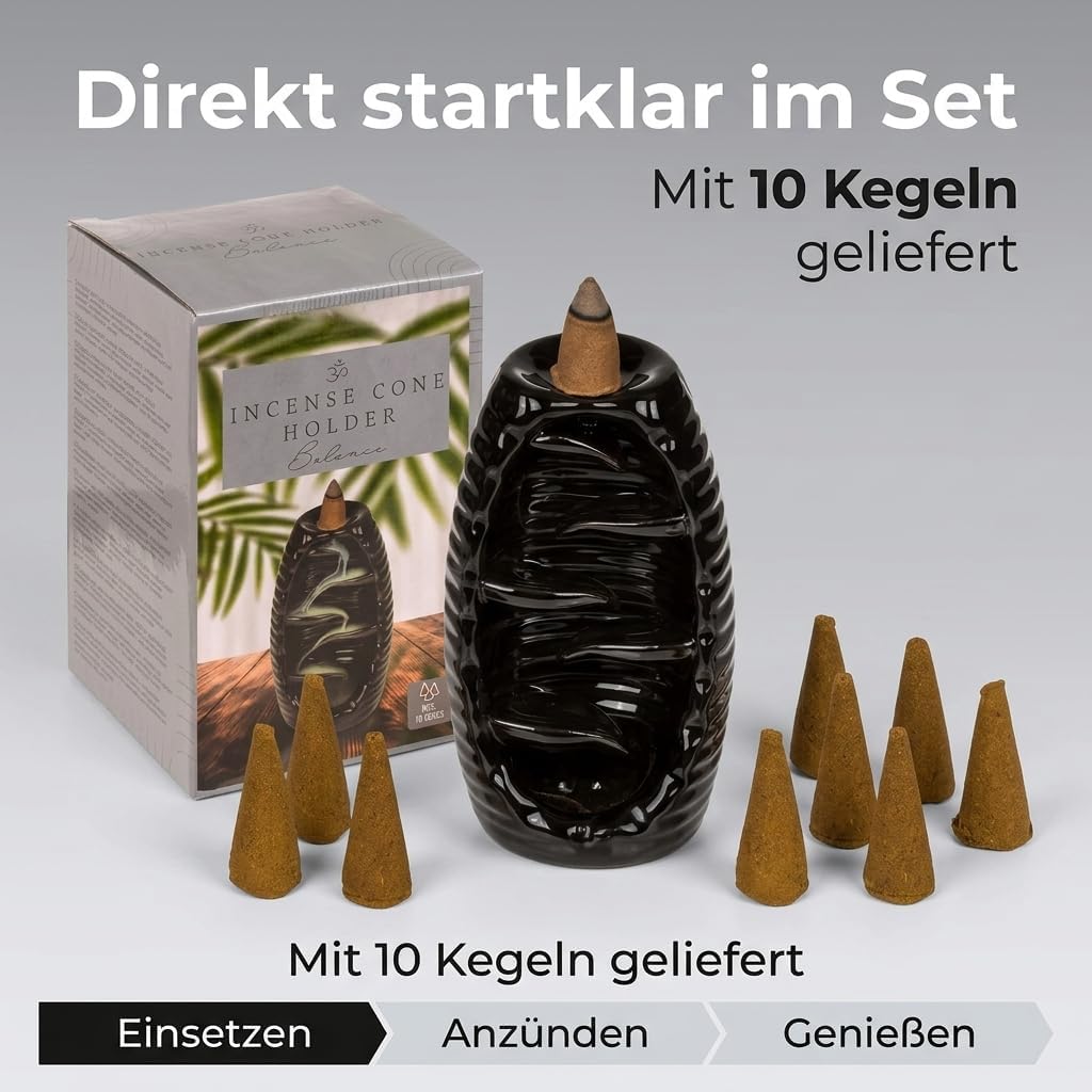 MIJOMA Rückfluss Räucherkegelhalter aus Schwarzer Keramik, Wasserfall-Räucherkegelhalter, Weihrauchb