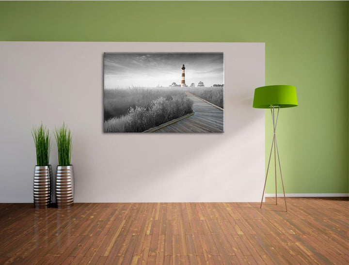 schöner Leuchtturm mit Steg schwarz/weiss Format: 100x70 auf Leinwand, XXL riesige Bilder fertig ger