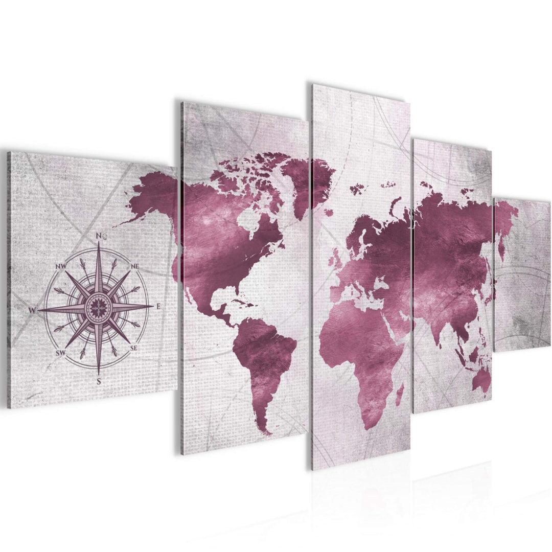 Runa Art - Bilder Weltkarte 200 x 100 cm 5 Teilig XXL Wanddekoration Design Pink 026051b 200 x 100 c