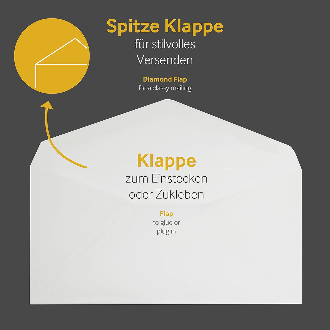 Blanke Briefhüllen, Transparente Briefumschläge, 100 Stück, Nassklebung, Ohne Fenster, Spitze Klappe