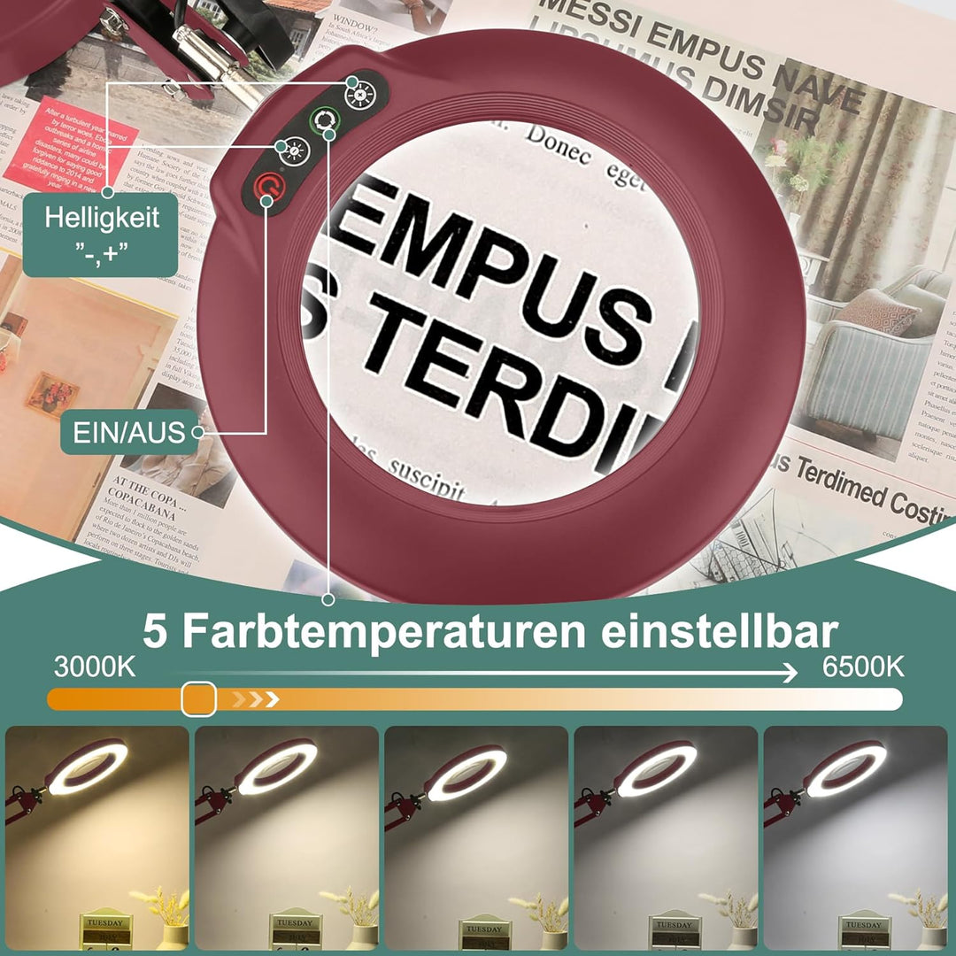 Veemagni 10X Echtes Glas Lupe mit Licht, 5 Farbmodi Stufenlos Dimmbar, Verstellbarer Schwenkarm LED