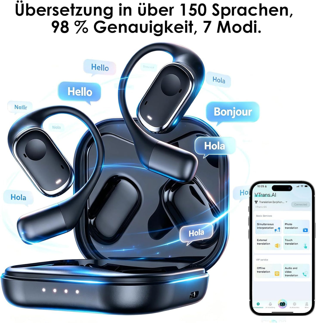 Echtzeit Übersetzer Kopfhörer - KI Übersetzer Kopfhörer mit 150 Sprachen, langer Akkulaufzeit, Bluet