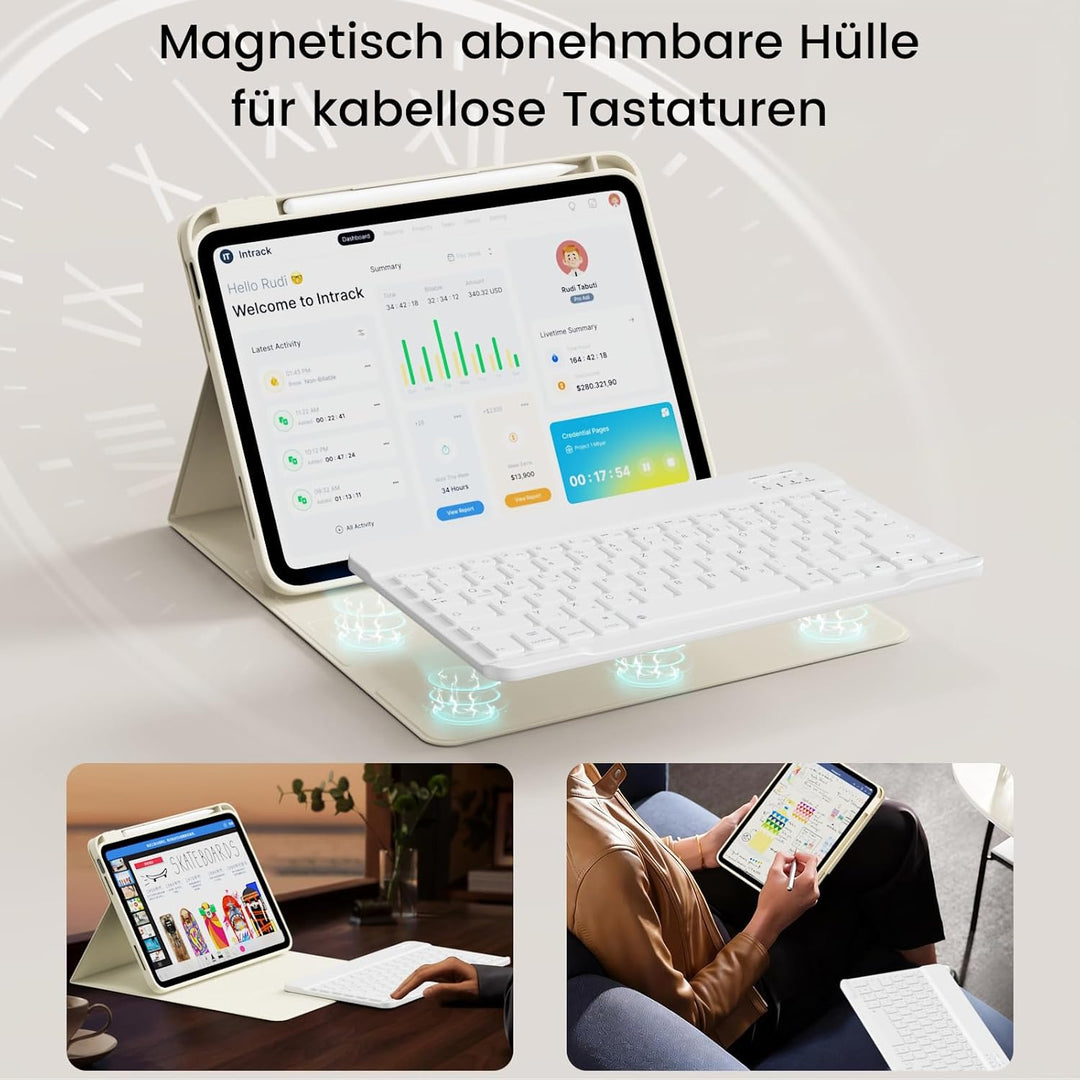 Hülle mit Tastatur für iPad 11/10 Generation mit Stifthalter, Magnetisch Abnehmbare Kabellose Blueto