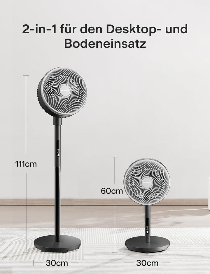 PELONIS Standventilator mit Fernbedienung Touch Display 3D Zirkulation 36.5dB Leise 10m Luftstrom Hö