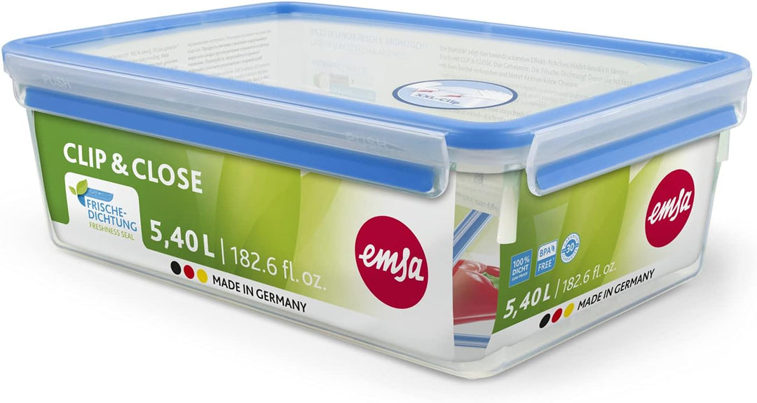 Emsa 508547 Clip & Close | Rechteckige Frischhaltedose | mit Deckel | 5.4 Liter | Transparent/Blau R