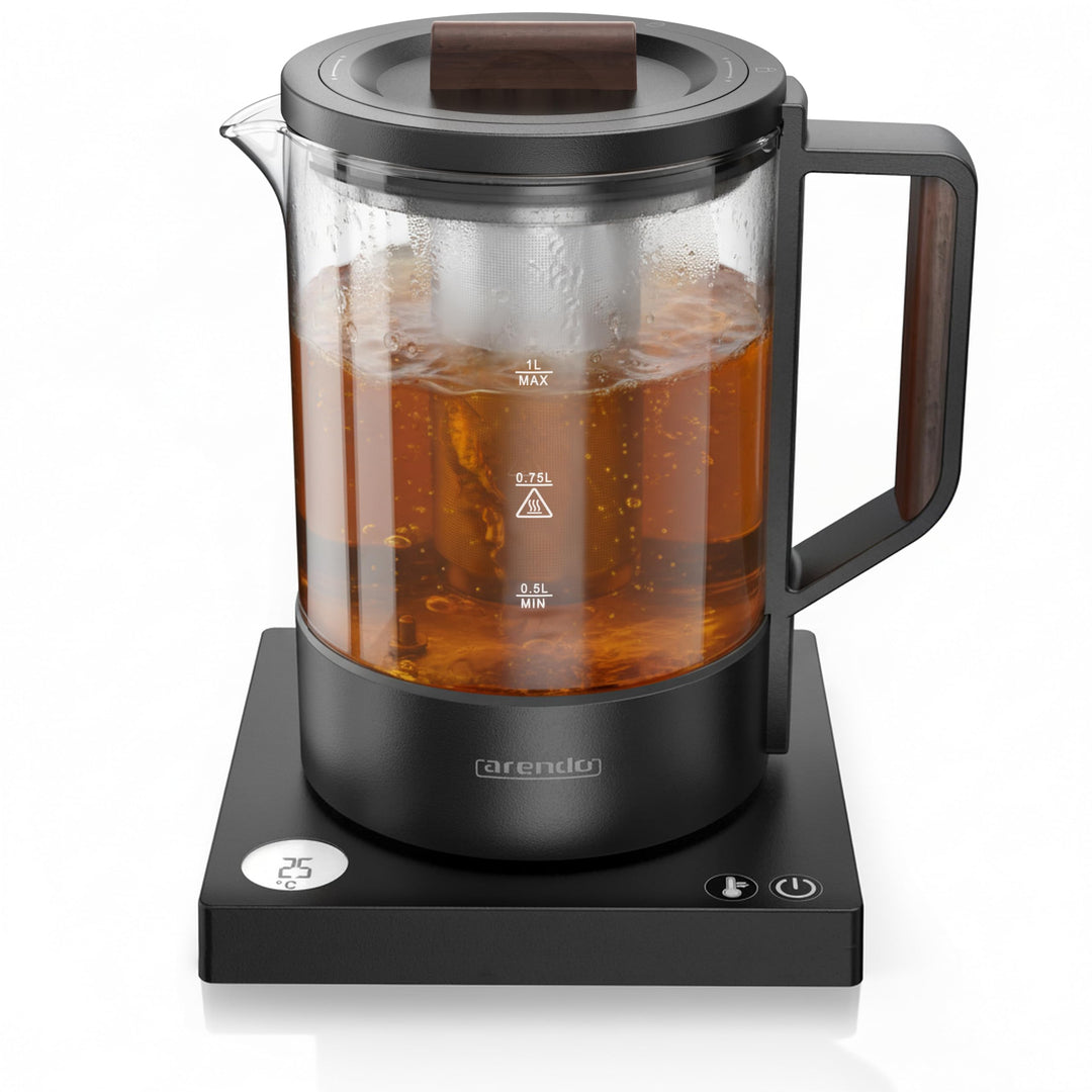 Arendo - Glas Wasserkocher mit Temperatureinstellung - Edelstahl Teekocher 1 Liter – Integriertes Te