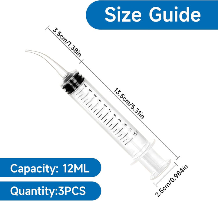 3 Kunststoffspritze, 12 ml, mit Skala, wiederverwendbar, Bewässerung, gebogene Spritze, zur Reinigun
