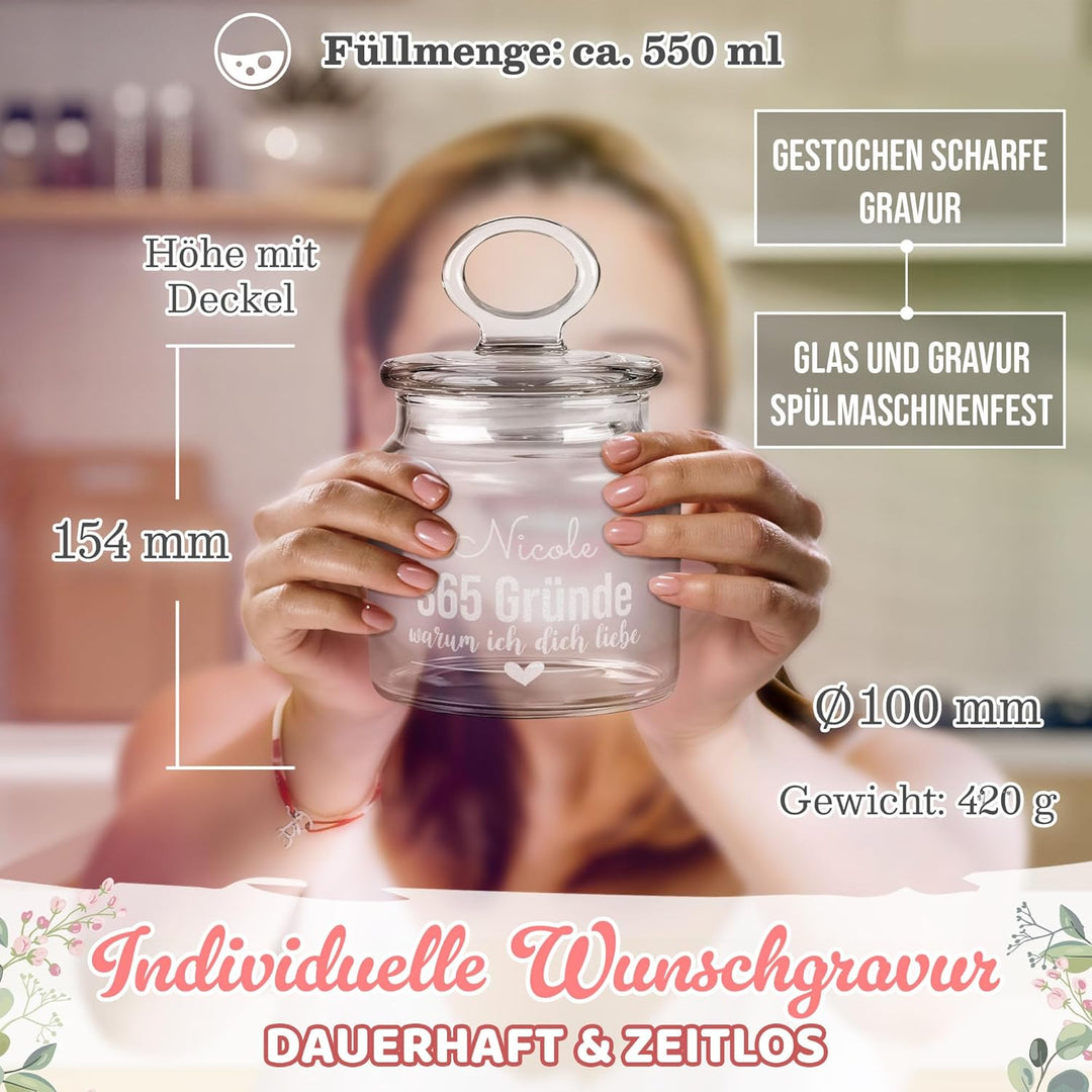 Print Royal PR Personalisierte Keksdose aus Glas mit Gravur - 550 ml - 365 Gründe warum ich dich Lie