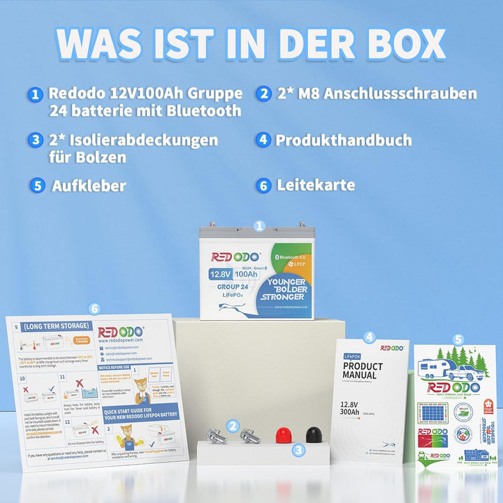 Redodo 12V 100Ah LiFePO4 Batterie mit Bluetooth, 100A BMS, 1280Wh, bis zu 15000 Zyklen, 10 Jahre Leb