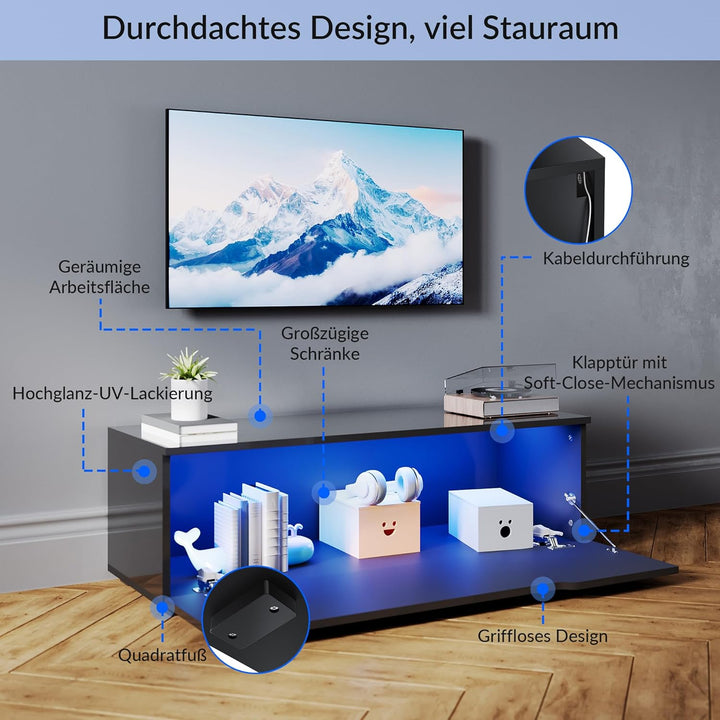 SONNI TV-Schrank, Lowboard Hochglanz Schwarz Hängend/Stehend, TV-Regal mit 16 Farben LED-Beleuchtung