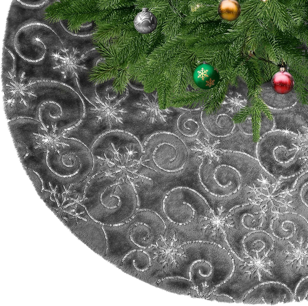 KONVINIT Grau Weihnachtsbaumdecke Plüsch Christmasbaumdecke Kunstfell Weihnachtsbaumteppich Rund Wei