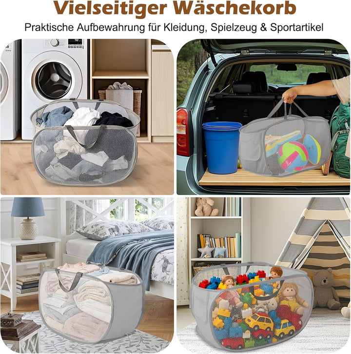 3er-Set faltbare Wäschekörbe mit Tragegriffen & Pop-up-Funktion, luftdurchlässiges Netzgewebe, Mehrz