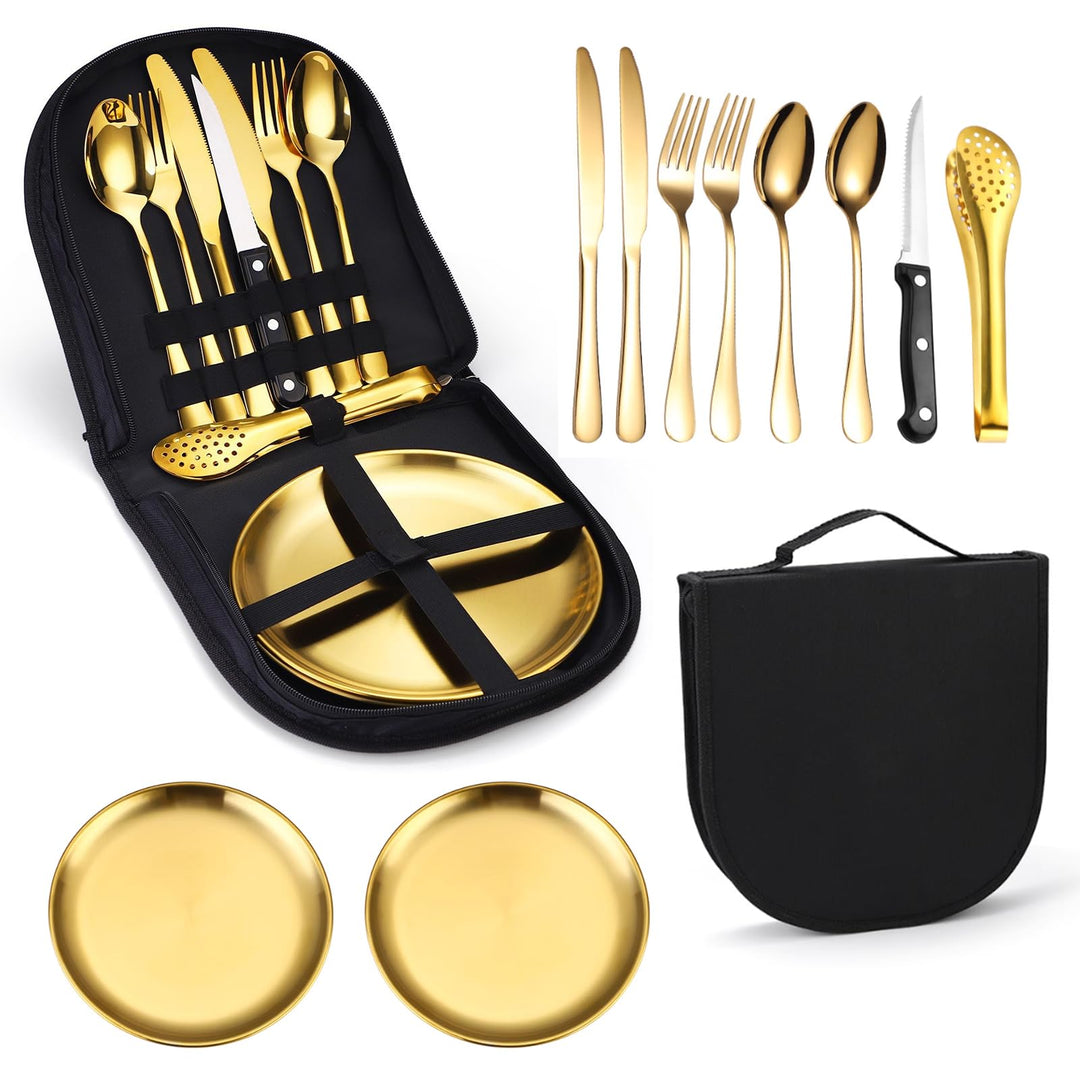 Tragbares Camping-Geschirr-Set, 13-teilig, 2 Personen, Edelstahl, für Outdoor, Camping, Picknick Gol