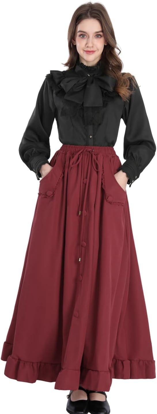 Fiamll Damen Viktorianisch Bluse Vintage Schleifenhemd Stehkragen mit Rüschen Langarmshirt Mittelalt