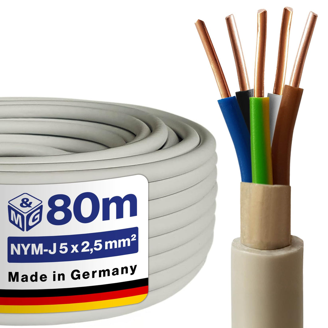 M&G Techno 80m NYM-J 5x2,5 mm² Mantelleitung Feuchtraumkabel Elektrokabel Kupfer Made in Germany, 80