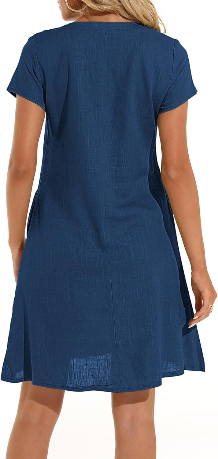 Tincini Sommerkleid Damen Leinen Kleider Casual V-Ausschnitt Midikleid Kurzarm A-Linie Kleid Strandk