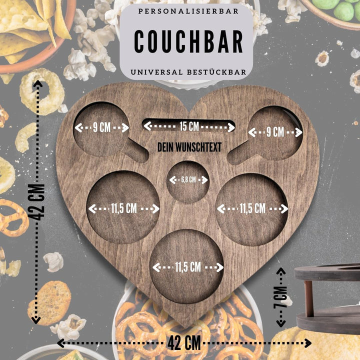 Herz Couchbar in Grau mit 4 Glasschalen - Sofa Butler für Snacks & Getränke [stabil & sicher] Snackb