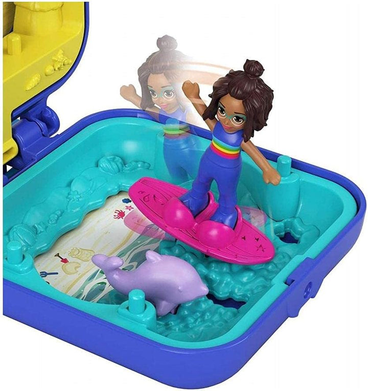 Polly Pocket GKJ44 - Shanis Tropischer Strand-Schatulle mit mobilem Eiswagen, Surfbrett, Delfinfigur