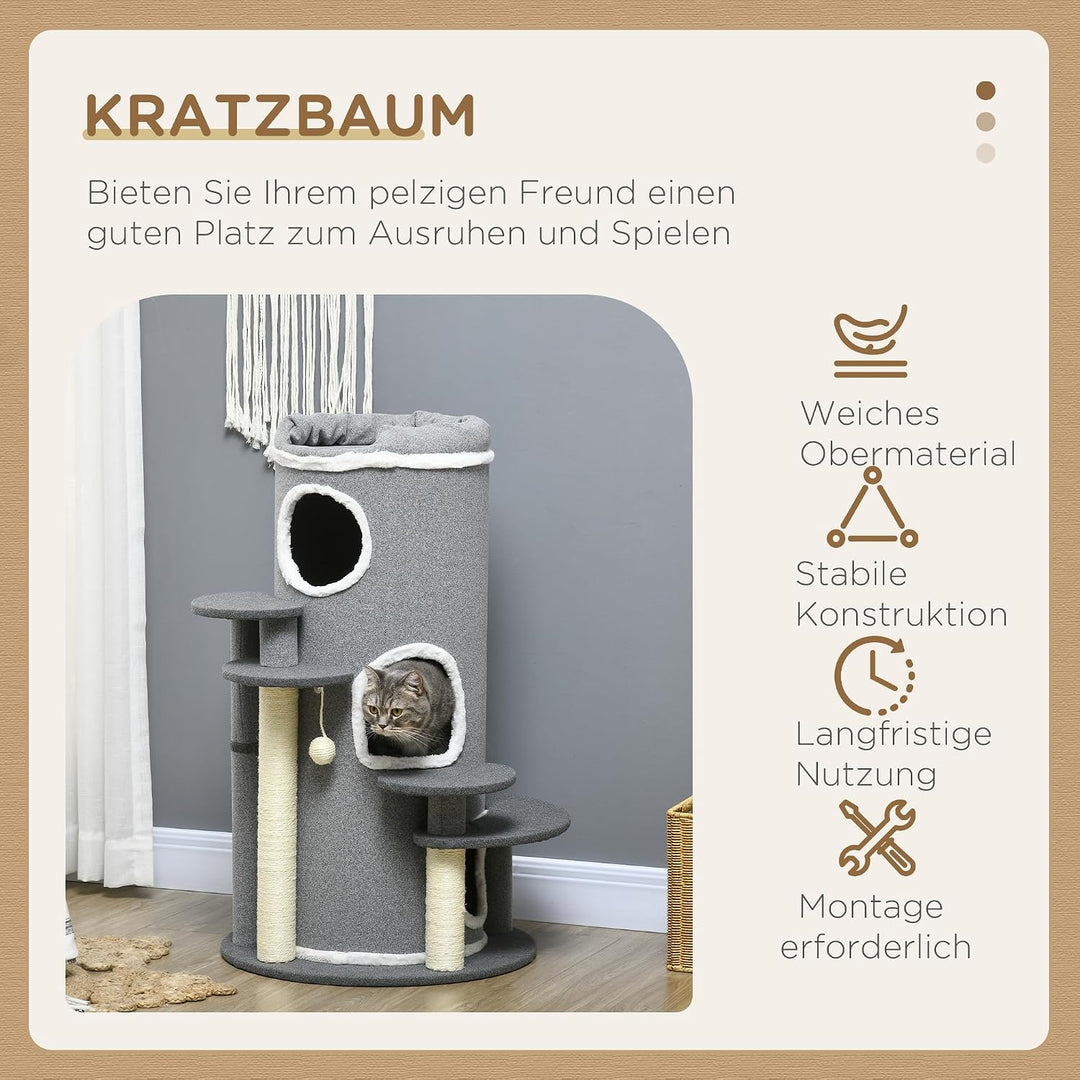 PawHut Kratztonne mit 3 Höhlen Spielball für Mittelgrosse Katzen 99 cm Grau | Katzentonne, Sisalstäm
