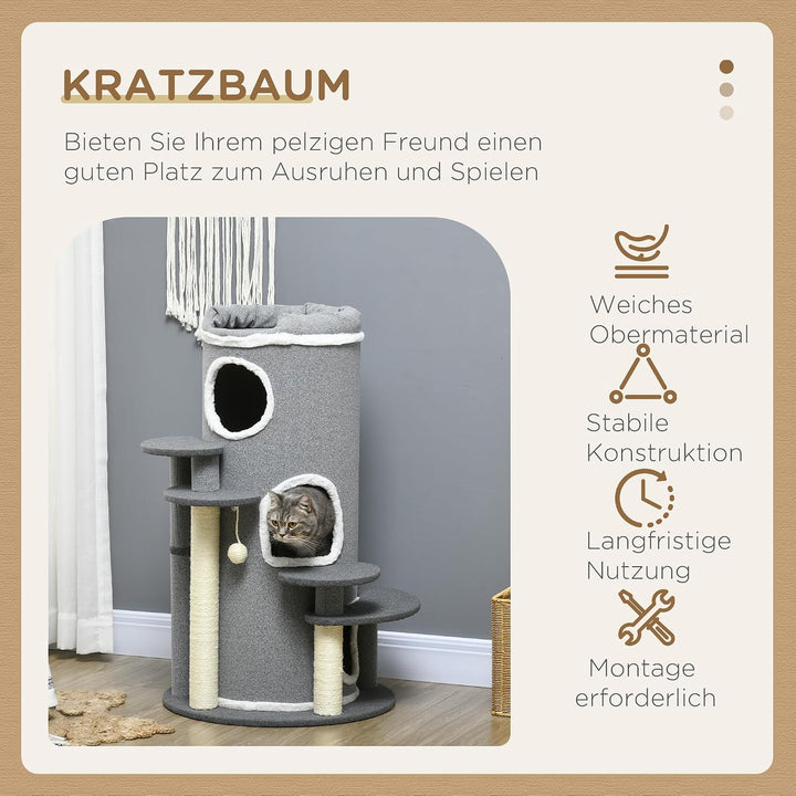 PawHut Kratztonne mit 3 Höhlen Spielball für Mittelgrosse Katzen 99 cm Grau | Katzentonne, Sisalstäm