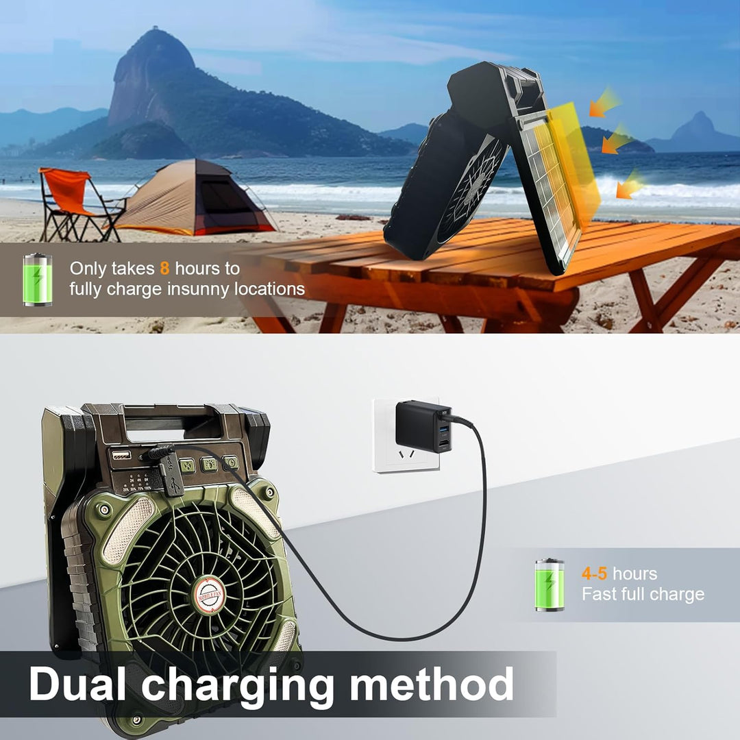 GY Solar Camping Ventilator mit LED-Licht & 10400mAh Akku – 4 in 1 Tragbarer Tischventilator, 4 Gesc