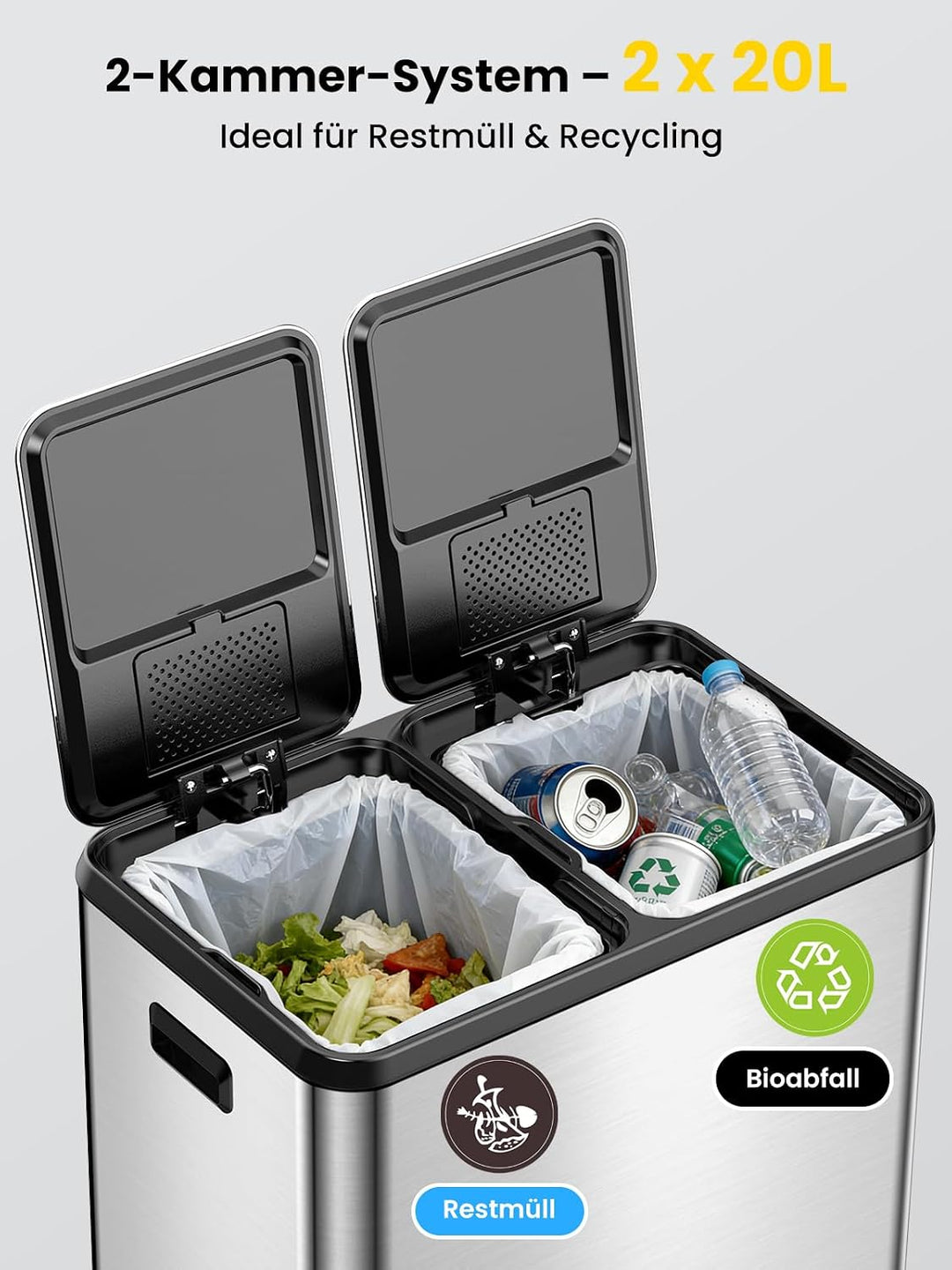YEAUPE PRO Mülleimer Küche 40L (2x20L), Edelstahl Treteimer mit Fusspedal,Doppel Mülltrennung,Heraus
