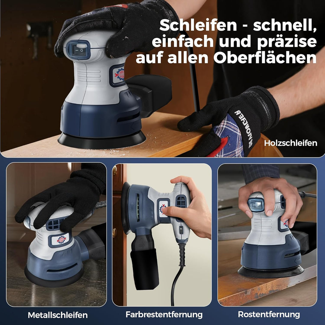 Exzenterschleifer 125mm mit Bremse, 350W Schleifmaschine für Holz mit 15 Schleifpapier & Staubabsaug