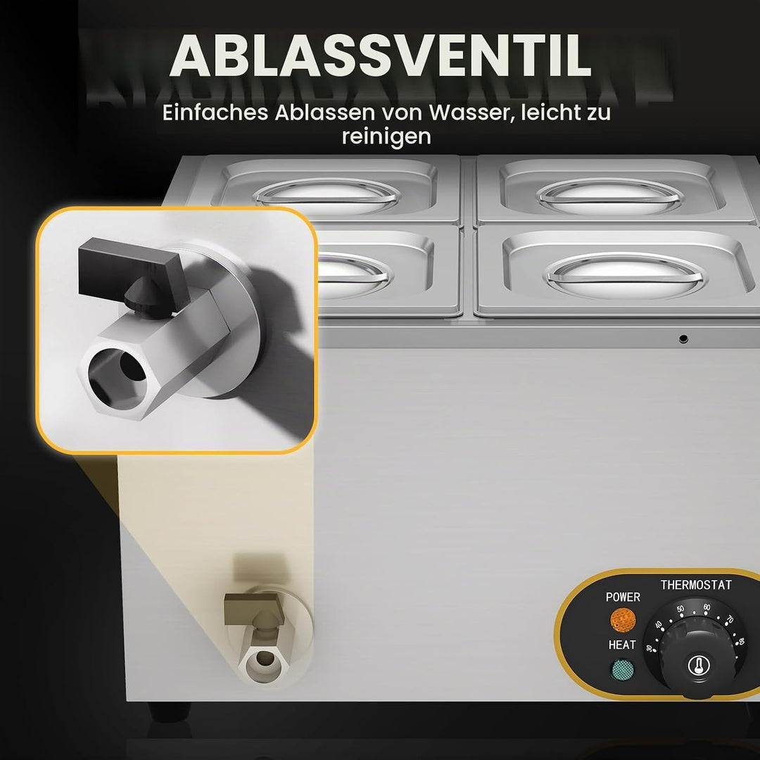 MOOTACO Elektrischer Wasserbad aus Edelstahl, Buffet, 4 x 1/6 mit Deckel, einstellbare Temperatur 30