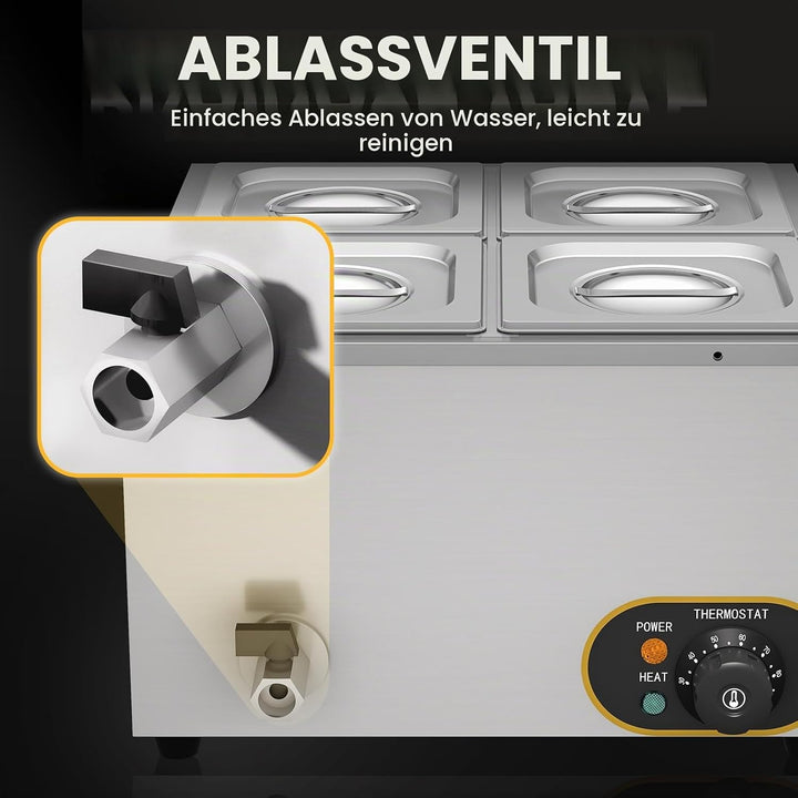 MOOTACO Elektrischer Wasserbad aus Edelstahl, Buffet, 4 x 1/6 mit Deckel, einstellbare Temperatur 30