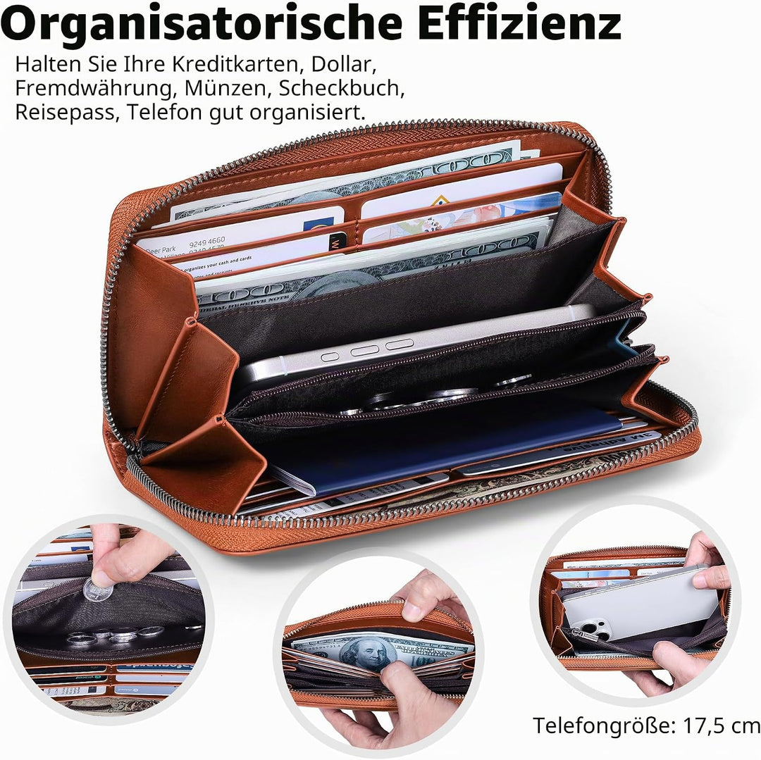 VISOUL Premium Brieftasche Echtleder/Italienisches Leder mit RFID-Schutz, XXL Geldbörse Braun L02, B