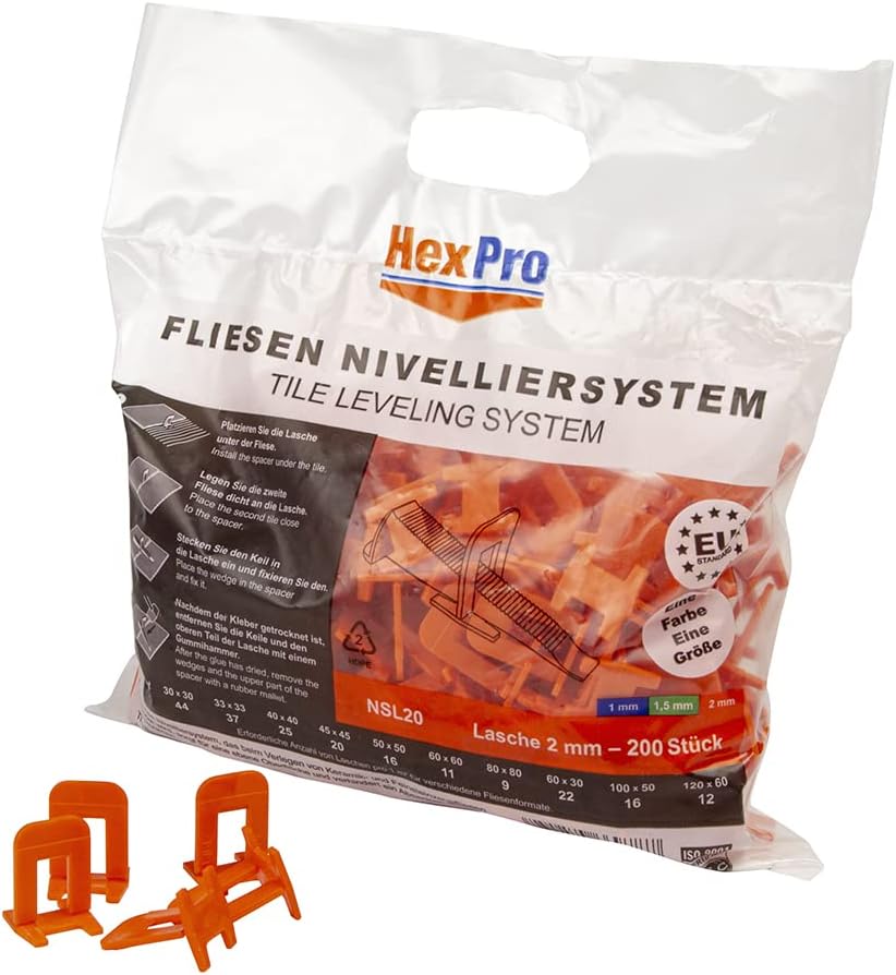 HexPro Fliesen Nivelliersystem 1mm 1,5mm 2mm Laschen, Fliesenstärke bis 15mm Fliesenkeile, Verlegehi