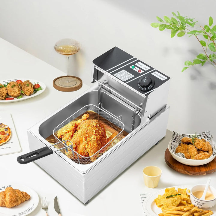 Elektrische Fritteuse 6L Frittierkorb Ölbad mit Temperaturregelung Deckel für Küche Restaurant Snack